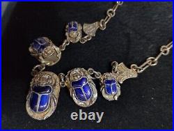 Vintage Egyptian Art Deco Hieroglyphics Silver Blue Scarab Necklace