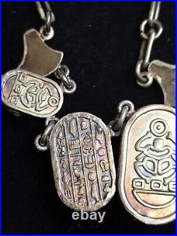 Vintage Egyptian Art Deco Hieroglyphics Silver Blue Scarab Necklace