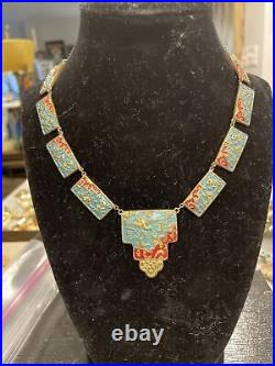 Vintage Egyptian Revival Necklace Art Deco Era Made In Germany Brass/Enamel