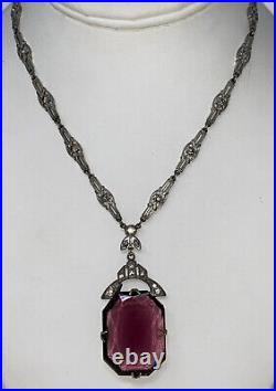 Vintage Elegant Czech Art Deco Paste Pot Metal Amethyst Purple Crystal Necklace