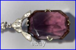 Vintage Elegant Czech Art Deco Paste Pot Metal Amethyst Purple Crystal Necklace