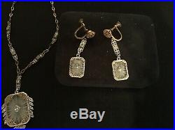 Vintage Estate Deco Edwardian Antique Camphor Glass Crystal Necklace Earring Set