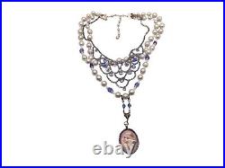 Vintage Faux Pearl Rhinestone Assemblage Art Deco Necklace Blue Cat Pendant