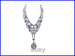 Vintage Faux Pearl Rhinestone Assemblage Art Deco Necklace Blue Cat Pendant