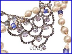 Vintage Faux Pearl Rhinestone Assemblage Art Deco Necklace Blue Cat Pendant