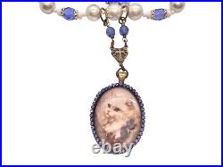 Vintage Faux Pearl Rhinestone Assemblage Art Deco Necklace Blue Cat Pendant