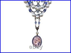 Vintage Faux Pearl Rhinestone Assemblage Art Deco Necklace Blue Cat Pendant