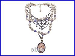 Vintage Faux Pearl Rhinestone Assemblage Art Deco Necklace Blue Cat Pendant