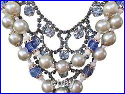 Vintage Faux Pearl Rhinestone Assemblage Art Deco Necklace Blue Cat Pendant