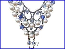 Vintage Faux Pearl Rhinestone Assemblage Art Deco Necklace Blue Cat Pendant