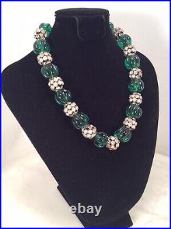 Vintage French Art Deco Green Glass Faux Emerald Melon Bead Rhinestone Necklace