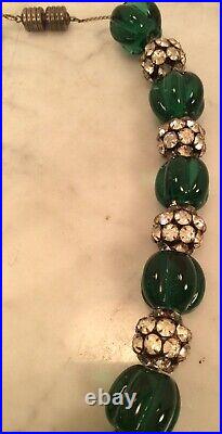 Vintage French Art Deco Green Glass Faux Emerald Melon Bead Rhinestone Necklace