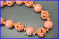 Vintage French art deco 50s carved salmon coral celluloid Beaded Necklace