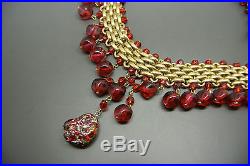 Vintage French art deco red glass dangle fringe bib necklace