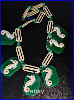 Vintage Galalite & hand painted celluloid Art Deco sea horses necklace