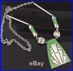 Vintage Geometric Art Deco Green Galalith & Chrome Necklace