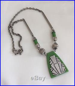 Vintage Geometric Art Deco Green Galalith & Chrome Necklace