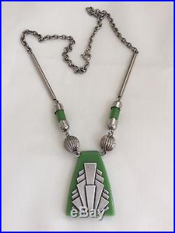 Vintage Geometric Art Deco Green Galalith & Chrome Necklace