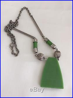 Vintage Geometric Art Deco Green Galalith & Chrome Necklace