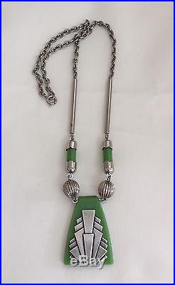 Vintage Geometric Art Deco Green Galalith & Chrome Necklace