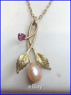 Vintage Gold & Silver Designer Signed Krementz Necklace Pendant Art Deco Ruby