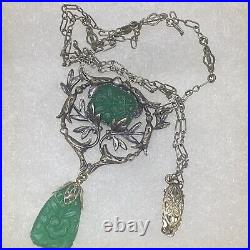 Vintage Green Molded Glass Czech Western Germany Necklace Delicate Art Deco 17