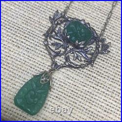 Vintage Green Molded Glass Czech Western Germany Necklace Delicate Art Deco 17
