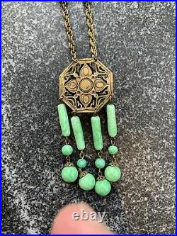 Vintage Green Stone FLAPPER Art Deco Necklace White Enamel Jewelry Glass Pendant