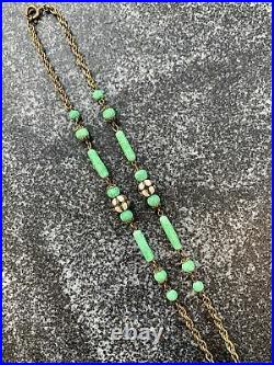 Vintage Green Stone FLAPPER Art Deco Necklace White Enamel Jewelry Glass Pendant