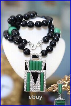 Vintage Kenneth Jay Lane KJL Art Deco Jade & Jet Beads Necklace & Earrings