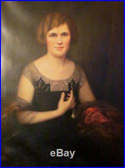 Vintage LARGE Art DECO Oil Portrait Woman Pearl Necklace by Carl KAHLER 1920s