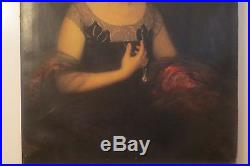 Vintage LARGE Art DECO Oil Portrait Woman Pearl Necklace by Carl KAHLER 1920s