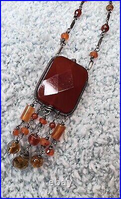 Vintage MCM Faceted Marcasite Sterling Silver Pendant Beaded Necklace