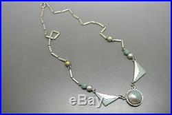 Vintage Machine Age dusty blue Galalith art deco chrome geometric necklace