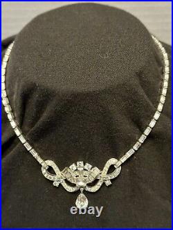 Vintage Mazer Bros Art Deco Rhinestone Necklace WithDrop Rhodium Plated 16 Inch