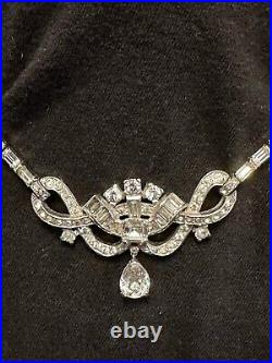 Vintage Mazer Bros Art Deco Rhinestone Necklace WithDrop Rhodium Plated 16 Inch