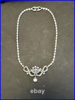 Vintage Mazer Bros Art Deco Rhinestone Necklace WithDrop Rhodium Plated 16 Inch