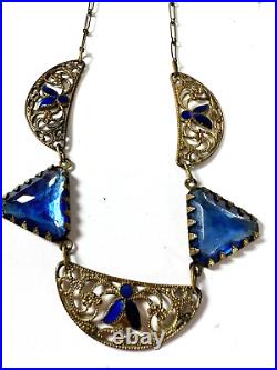 Vintage Necklace Art Deco Blue Glass Enamel Dainty Chain 16 inches J1