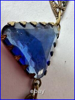 Vintage Necklace Art Deco Blue Glass Enamel Dainty Chain 16 inches J1