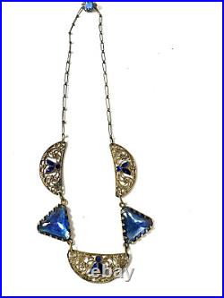 Vintage Necklace Art Deco Blue Glass Enamel Dainty Chain 16 inches J1