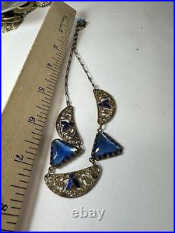 Vintage Necklace Art Deco Blue Glass Enamel Dainty Chain 16 inches J1