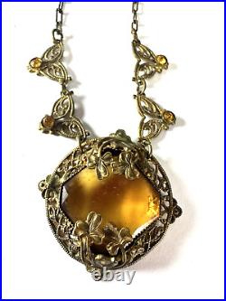 Vintage Necklace Art Deco Glass Ornate Filigree Clover Leaf Light Brown 20in