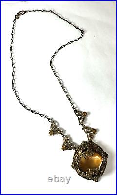 Vintage Necklace Art Deco Glass Ornate Filigree Clover Leaf Light Brown 20in