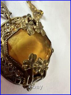 Vintage Necklace Art Deco Glass Ornate Filigree Clover Leaf Light Brown 20in