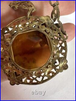 Vintage Necklace Art Deco Glass Ornate Filigree Clover Leaf Light Brown 20in