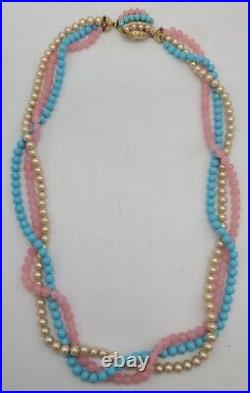 Vintage Necklace Ciner 3 Strand Beads Faux Pearls Pink Glass Blue Turquoise Gold