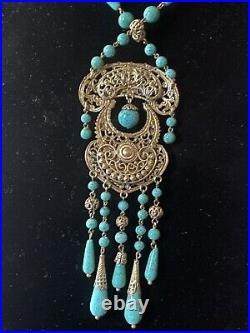 Vintage Neiger Art Deco Peking Glass & Brass Filigree Necklace
