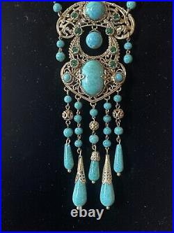 Vintage Neiger Art Deco Peking Glass & Brass Filigree Necklace