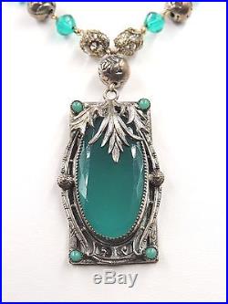 Vintage Orig Art Deco Lavalier Necklace Chrysoprase Green Apple Clr Chalcedony