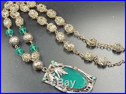 Vintage Orig Art Deco Lavalier Necklace Chrysoprase Green Apple Clr Chalcedony